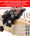 Dowel Jig Kit With Quick Positive Stop And Clamp, Adjustable Doweling Jig for drill with bushings on wood piece.
