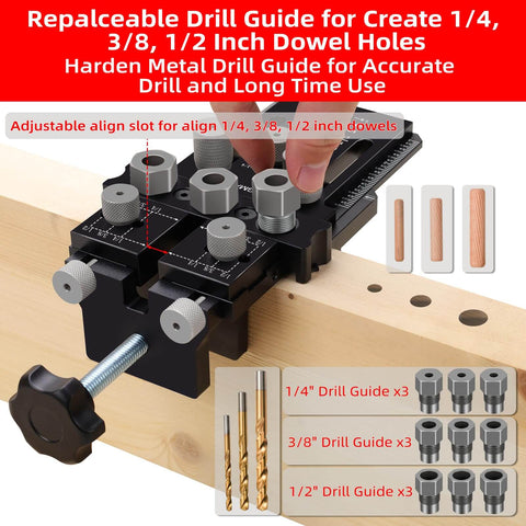 Dowel Jig Kit With Quick Positive Stop And Clamp, Adjustable Doweling Jig for drill with bushings on wood piece.