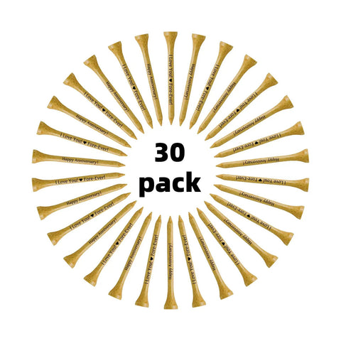 Epic Anniversary Golf Tees Gift Set For Him, 30 Bamboo Tees arranged in a circle with printed messages, eco-friendly