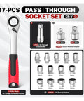 Pass Through Socket Set 3 8 And 1 2 Inch Drive Standard Ratchet Heavy Duty Mechanics Tool Kit with 17 pieces in portable case.