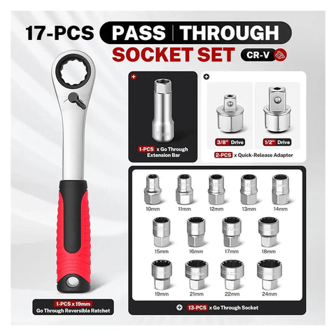 Pass Through Socket Set 3 8 And 1 2 Inch Drive Standard Ratchet Heavy Duty Mechanics Tool Kit with 17 pieces in portable case.