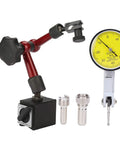 Workhorse Precision Dial Test Indicator with flexible arm, magnetic base, gauge, and accessories for CNC tool alignment.