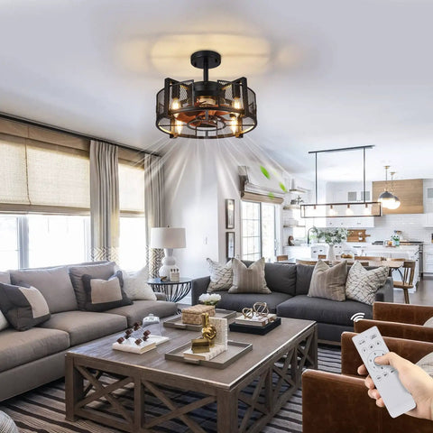 Industrial Style Ceiling Fan With Light For Living Room And Bedroom Black Enclosed Cage Ceiling Fan With Remote shown in modern living room