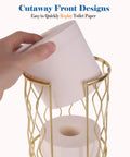 Hand placing roll on Gold Finish Standing Toilet Paper Holder With Three Roll Reserve, decorative metal bathroom organizer
