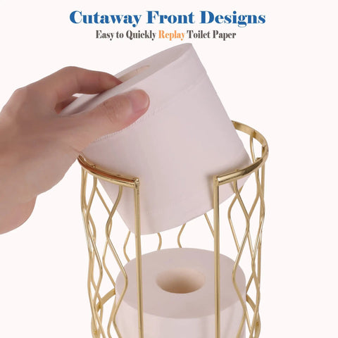 Hand placing roll on Gold Finish Standing Toilet Paper Holder With Three Roll Reserve, decorative metal bathroom organizer