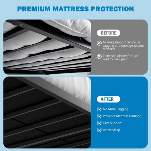 Before and after image showing Heavy Duty Full Size Bunkie Board Two Piece Split Design for mattress sag prevention.