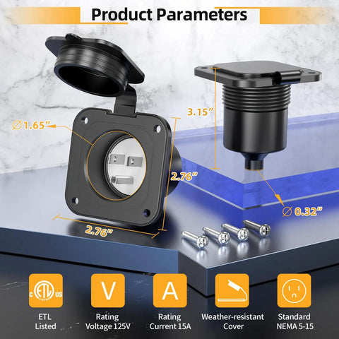 Heavy Duty 15A AC Shore Power Flanged Inlet With Waterproof Nema 5-15P Male Receptacle shown with dimensions and weather-resistant cover.