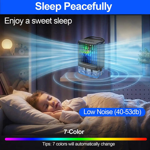 Girl sleeping peacefully with a Portable AC Fan 4 In 1 Personal Desktop Air Cooler With Humidifier And 7 Color LED on bedside table