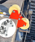 Rugged Pulley Hoist System with Steel Bearing Roller for Easy Lifting on construction site, features dual hooks and 16ft rope.