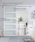 36 By 84 Inch Glass Barn Door With 6.6 Ft Brushed Nickel Sliding Hardware Kit And Handle, installed in a bathroom, 5 panel glass.