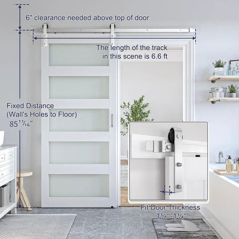 36 By 84 Inch Glass Barn Door With 6.6 Ft Brushed Nickel Sliding Hardware Kit And Handle, installed in a bathroom, 5 panel glass.