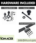 Black Rustic Non Bypass Sliding Barn Door Hardware Kit For Two Doors With A 15 Foot Flat Track Diamond Design Rollers Heavy Duty Build For Interior And Exterior Use Carbon Steel Construction And Nylon Wheels included hardware components like hanger, spacer, and track.
