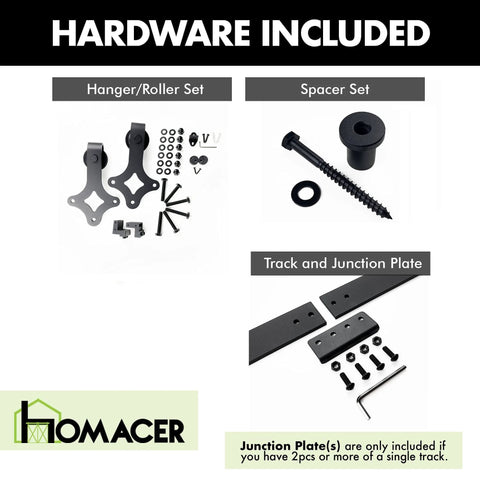 Black Rustic Non Bypass Sliding Barn Door Hardware Kit For Two Doors With A 15 Foot Flat Track Diamond Design Rollers Heavy Duty Build For Interior And Exterior Use Carbon Steel Construction And Nylon Wheels included hardware components like hanger, spacer, and track.