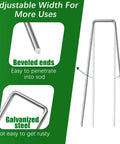 Heavy Duty 50 Pack Four Inch Landscape Staples Galvanized Ground Stakes For Weed Barriers Irrigation Tubing Landscaping Fabric And Lawn Or Garden Use Rust Resistant Durable Outdoor Staples Built For All Weather, showing beveled ends and galvanized steel.