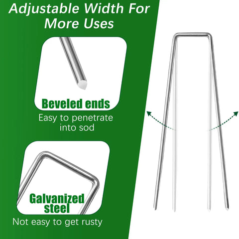 Heavy Duty 50 Pack Four Inch Landscape Staples Galvanized Ground Stakes For Weed Barriers Irrigation Tubing Landscaping Fabric And Lawn Or Garden Use Rust Resistant Durable Outdoor Staples Built For All Weather, showing beveled ends and galvanized steel.