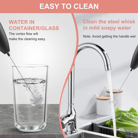 Powerful Milk Frother With Double Whisk Handheld Electric Foam Maker being cleaned, demonstrating ease of washing in glass and sink.