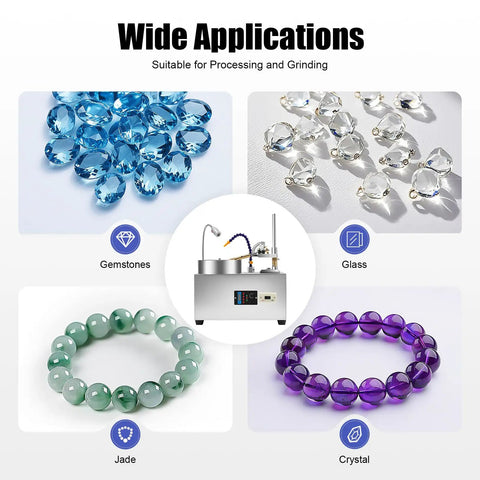 Gem Faceting Machine 180W 110V Gemstone Grinding Jewelry Lapidary Cutter shown with gemstones, glass, jade, and crystal.