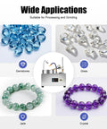 Infographic showing 180W Jewelry Gem Faceting and Polishing Machine for jade, gemstones, glass, and crystal applications