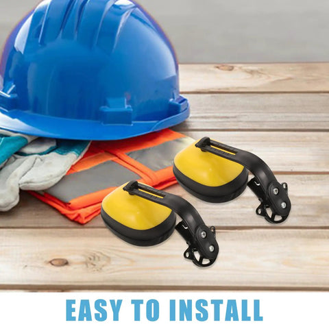 Kickass Heavy Duty Construction Hard Hat With Integrated Noise Cancelling Ear Muffs For Industrial Work Sites And Adjustable Hearing Protection, blue hard hat with yellow earmuffs.