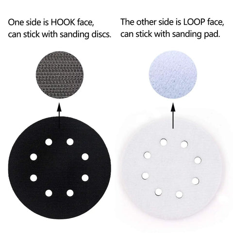 Five Pack 5 Inch Soft Density Interface Pads With Eight Hole Design, Hook And Loop Backing With Hook And Loop Sides Displayed