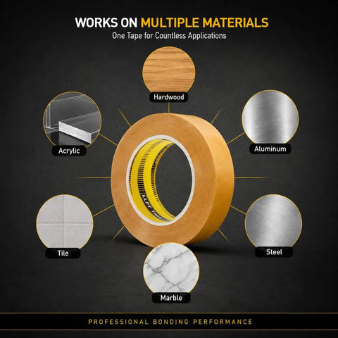 Double Sided Woodworking Tape For CNC Templates And Pattern Routing, 25mm Wide By 33m Long, shown with usage on multiple materials