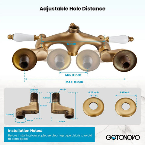 Antique Brass Clawfoot Bathtub Faucet With Wall Mount Handheld Shower Set Double Lever Handle 6 Inch Center Adapter