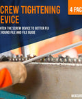 Close-up of a round file being used on a chainsaw chain with a screw tightening device, part of the Chainsaw Sharpening Kit 7 Piece Set