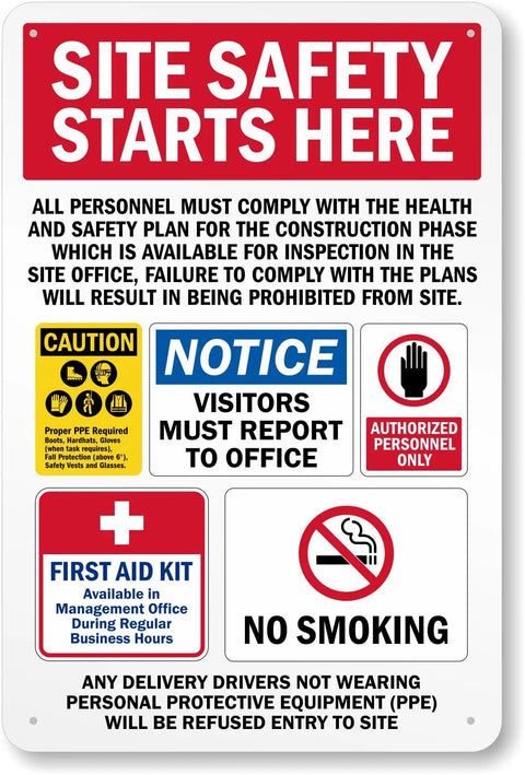 Rugged Jobsite Safety Sign Panel 12 X 16 Inches for walls and fences, aluminum sign warns crew and visitors site safety starts here.