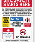 Rugged Jobsite Safety Sign Panel 12 X 16 Inches For Walls And Fences Aluminum Metal Sign Warns Crew And Visitors Site Safety Starts Here Durable Weatherproof Construction, with safety warnings in text and symbols.