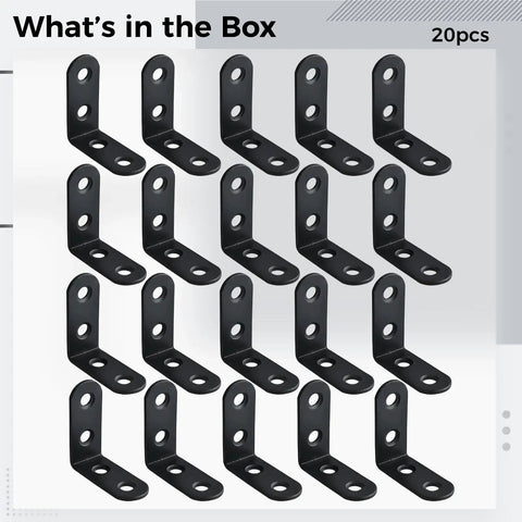 20 Pieces L Corner Brackets Black Heavy Duty 1.6 By 1.6 Inch 4 By 4 cm Right Angle Shelf Supports for Wood Furniture and Home Repairs Thickened Steel Braces, arranged on display