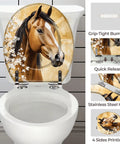 Round Vintage Farmhouse Resin Toilet Seat featuring a horse design with stainless steel hinges and grip-tight bumpers.