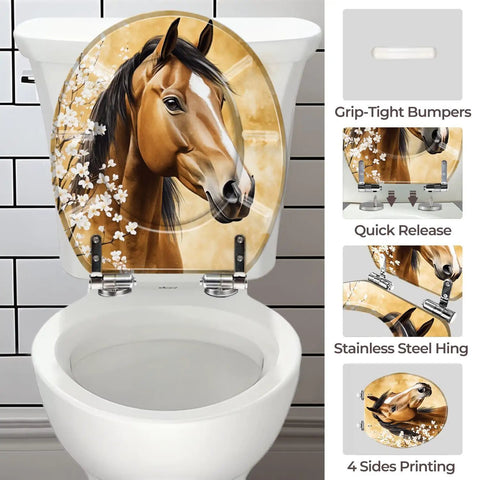 Round Vintage Farmhouse Resin Toilet Seat featuring a horse design with stainless steel hinges and grip-tight bumpers.