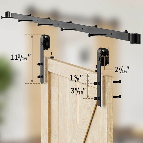 Front view of Bypass Sliding Barn Door Rail Hardware Kit For Double Doors Monorail Barn Door System, black carbon steel rail.