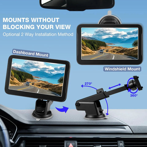 7 Inch Backup Camera Monitor Display For Cars Trucks SUVs Vans RVs Trailers And Campers With Crystal Clear HD Image, mounted on dashboard and windshield