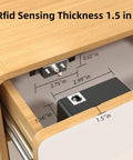 Bluetooth Drawer Lock For Cabinets With RFID And NFC, showing lock mechanism inside a wooden drawer with thickness measurements.