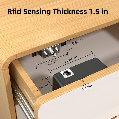 Bluetooth Drawer Lock For Cabinets With RFID And NFC, showing lock mechanism inside a wooden drawer with thickness measurements.