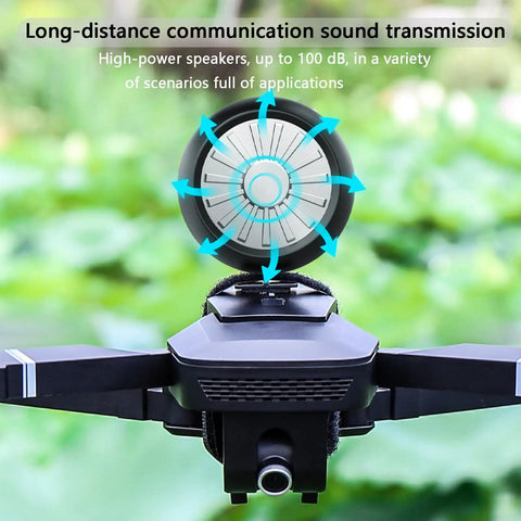 Drone Speaker Megaphone Wireless Mini Speaker for RC Cars and Drones mounted on a drone, showcasing the speaker's design.