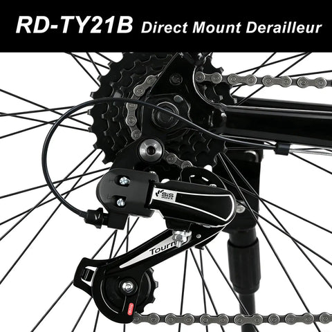 Rear Derailleur RD-TY21B for six or seven speed bikes direct mount upgrade installed on a wheel showing lightweight alloy design