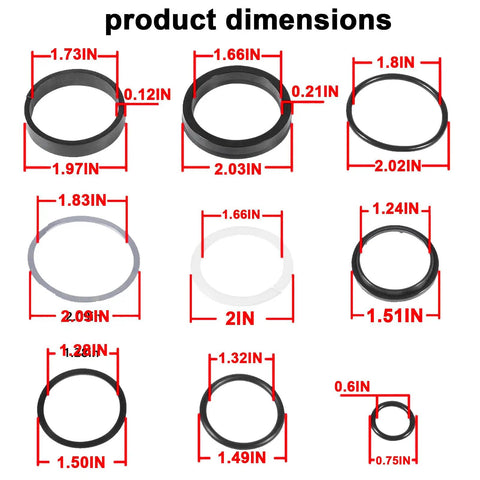 Round Baler Tension Gate Cylinder Seal Kit For John Deere Balers And Sprayers dimensions chart with various sizes of seals displayed.