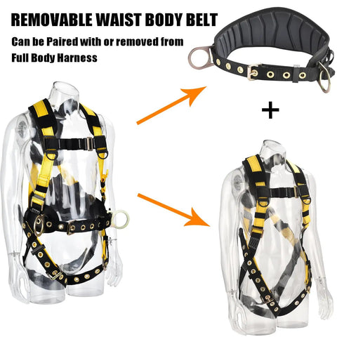 3D Rings Industrial Fall Protection Safety Harness with removable waist belt, adjustable buckles, and shoulder pad support