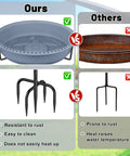 Side-by-side comparison of the Outdoor Bird Bath That Doubles As A Feeder, Freestanding Garden Birdbath with Removable Bowl, showing sturdy 5 prong base versus a rusty alternative.