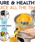 Eurolux 300W Industrial Strength Stainless Steel Electric Citrus Juicer Squeezer with anti-drip spout and orange.
