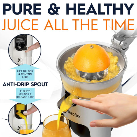 Eurolux 300W Industrial Strength Stainless Steel Electric Citrus Juicer Squeezer with anti-drip spout and orange.