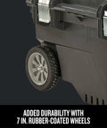 Side view of Rolling Tool Box With Wheels Lockable Black Plastic Chest For On The Go Pros showing 7-inch rubber wheel.