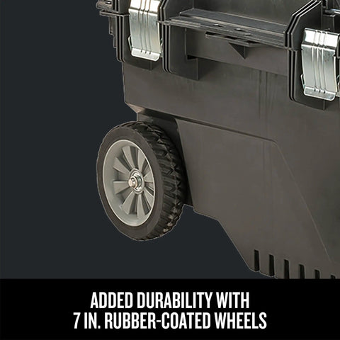 Side view of Rolling Tool Box With Wheels Lockable Black Plastic Chest For On The Go Pros showing 7-inch rubber wheel.