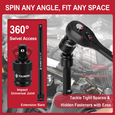 63 Piece One Half Inch Drive Impact Socket Set With SAE Three Eighths Inch To One Inch And Metric Ten To Twenty Four Millimeters Plus Extension Bars And Palm Ratchet Kit showing swivel access feature