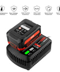 V20 20V Battery Charger With Dual USB Ports for CMCB201 Lithium Batteries on charging station with safety protection icons
