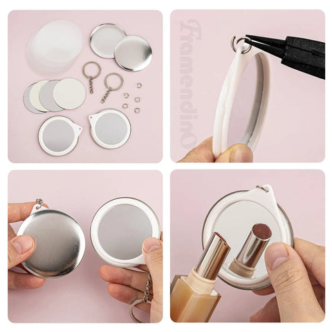 Metal Button Supplies Kit With 50 Sets 58mm 2.28 Inch Mirror And Pin Making Kit Double Sided Keychain Parts shown in use