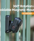 Magnetic Mount Stand For Osmo Nano Camera With 360 Degree Rotation mounted on pole, showcasing foldable design and secure attachment.