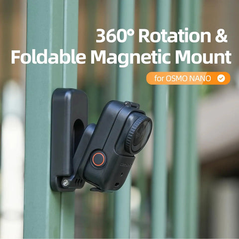 Magnetic Mount Stand For Osmo Nano Camera With 360 Degree Rotation mounted on pole, showcasing foldable design and secure attachment.